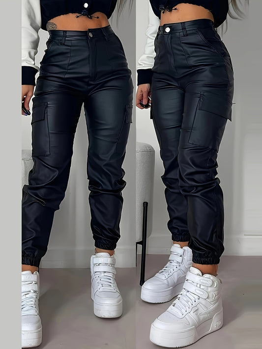 Women's Stretchy Black Cargo Denim Jeans - High-Rise, Multi-Pocket Design, Street Style, Glossy Finish, Comfort Fit for All Seasons, Versatile Denim | Highrise Cargo Jeans | Polyamide Fabric