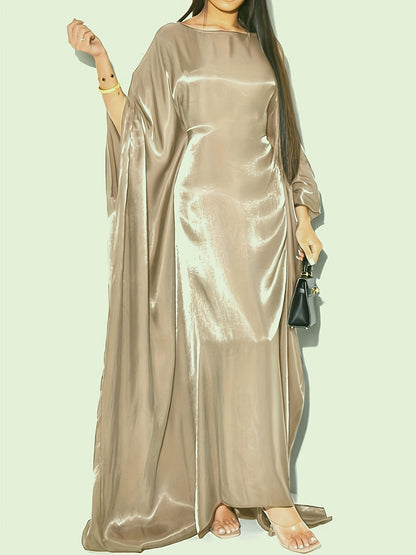 Elegant Sparkling Metallic Abaya for Women - One Size, Long Sleeve, Round Neck with Side Slit, All-Season Flowing Maxi Dress, Casual Wear|Shimmering Abaya| Flowing Design