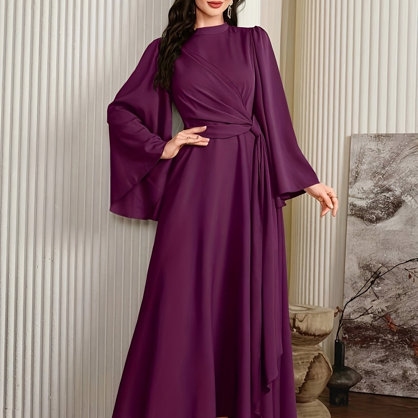 [Muslin Ramadan Dress] Ramadan Women's Evening Dress, Muslin Arabic Gown with Long Flared Sleeves, Stand Collar, Side Embellishments
