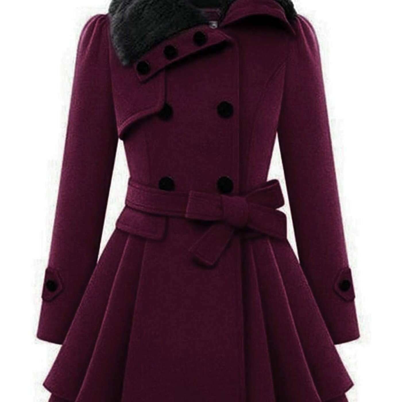 Women's Winter Double-Breasted Pea Coat with Faux Fur
