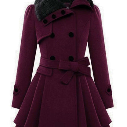 Women's Winter Double-Breasted Pea Coat with Faux Fur