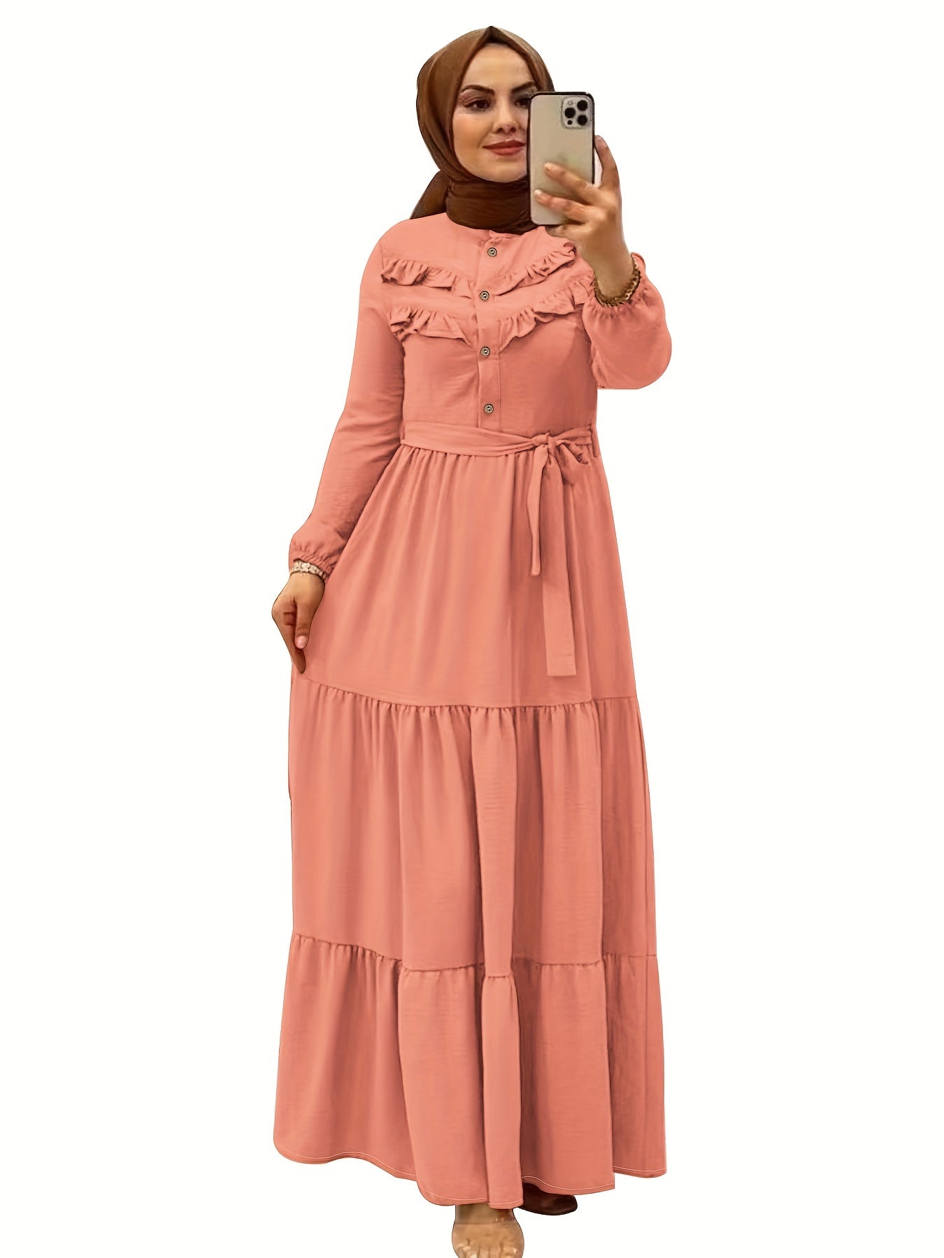 [Light Green Maxi Dress] Casual Light Green Polyester Maxi Dress - Elegant Solid Color with Ruffle Hem & Button Detail, Machine Washable - Hijab Not Included