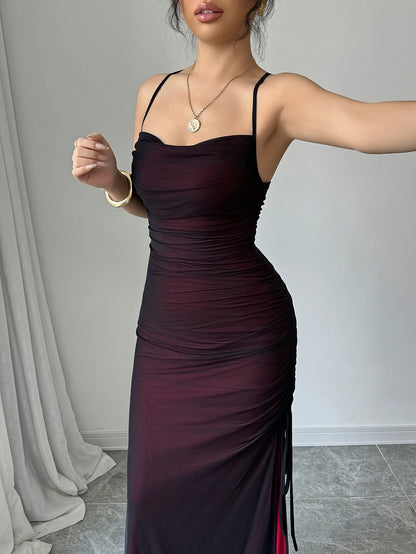 [Elegant Bodycon Dress] Elegant High-Stretch Mesh Bodycon Dress | Women's Adjustable Backless Long Sleeveless Party Dress, Machine Washable All-Season Formal & Casual Wear, Versatile Fashion, Double Mesh Detail, Solid Color