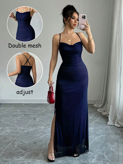 [Elegant Bodycon Dress] Elegant High-Stretch Mesh Bodycon Dress | Women's Adjustable Backless Long Sleeveless Party Dress, Machine Washable All-Season Formal & Casual Wear, Versatile Fashion, Double Mesh Detail, Solid Color