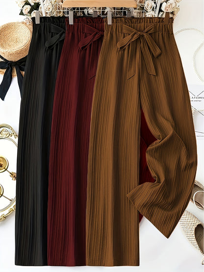 3pcs Women'S Elegant Solid Color Striped Long Pants with Bow Detail - Comfortable Loose Fit, Elastic Waistband, Perfect for Spring & Summer Casual Wear