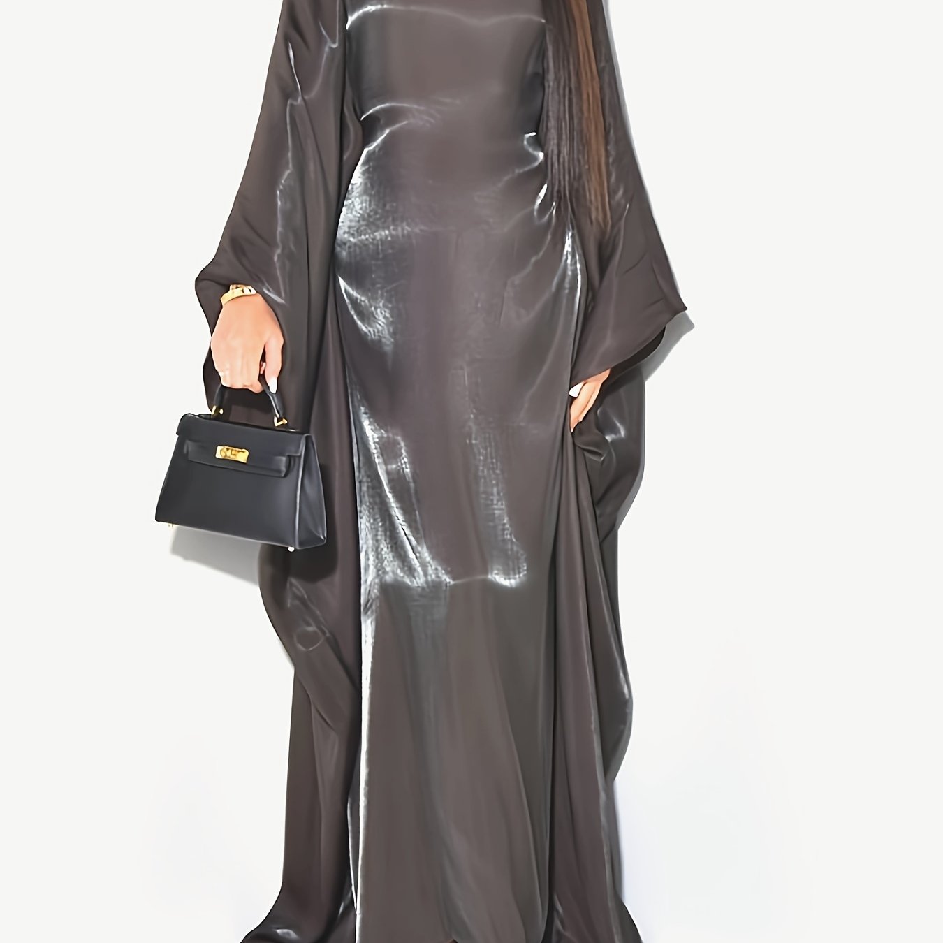 Elegant Sparkling Metallic Abaya for Women - One Size, Long Sleeve, Round Neck with Side Slit, All-Season Flowing Maxi Dress, Casual Wear|Shimmering Abaya| Flowing Design