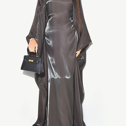 Elegant Sparkling Metallic Abaya for Women - One Size, Long Sleeve, Round Neck with Side Slit, All-Season Flowing Maxi Dress, Casual Wear|Shimmering Abaya| Flowing Design