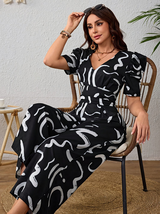Women's Elegant V-Neck Geometric Print Jumpsuit - Wide-Leg Short Sleeve Machine Washable Non-Stretch Fabric, Spring Summer Fall Casual & Occasion Wear, Clothes for Ladies, Versatile Clothing, Stylish Outfit, Comfortable Fabri