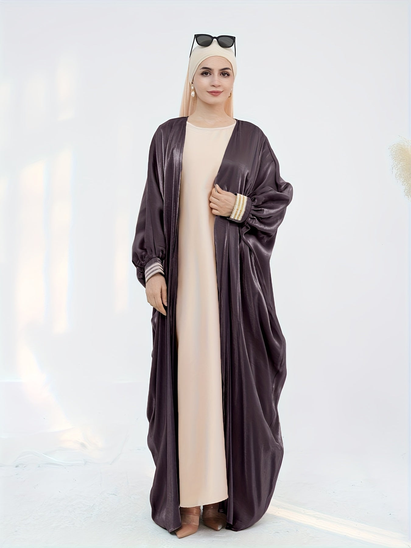 Women'S Reflective Golden & Gray Batwing Sleeve Long Tunic - Long Sleeve, Flowing Design, Perfect for Spring/Summer, Stylish Layering Piece, Summer Fashion | Flowing Tunic | Glossy Finish