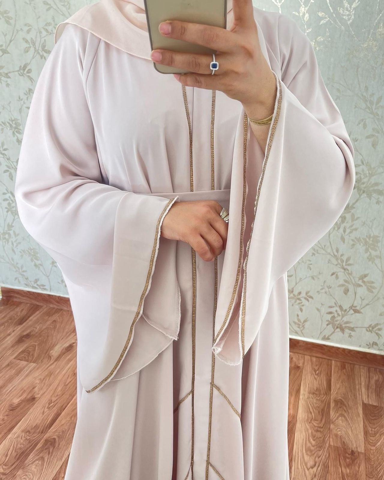 Light/sweet pink with gold embellishments Abaya