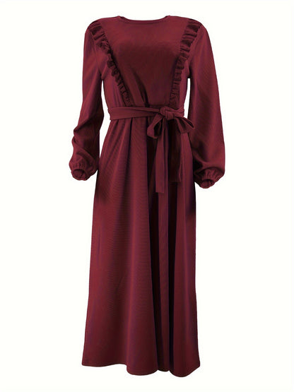 Elegant, Comfortable Solid Color Maxi Dress for Women - Polyester & Spandex Blend, Machine Washable, Belt Detail, Perfect for All Seasons