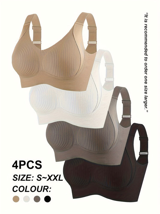 4pcs Women'S Seamless Bra - Elegant Solid Color, Wide Straps And Built-In Bra, Comfortable And Breathable Wireless Support, Non-Padded Ribbed Texture - Available in White, Beige, Black, Brown, Medium Support Bra|Seamless Unde