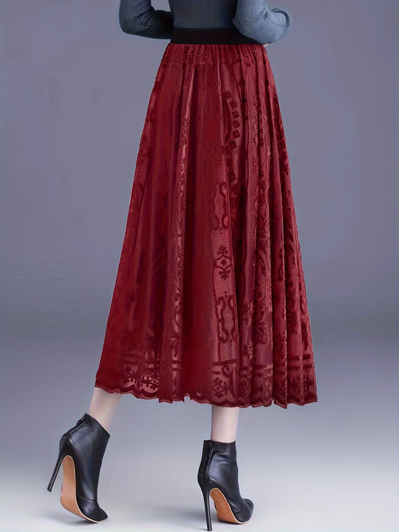 [Elegant Floral Lace Skirt] High-Waist A-Line Midi Skirt - Elegant Floral Lace, 100% Polyester Knit Fabric, Contrast Lace Detail - Women's, Spring/Fall Season