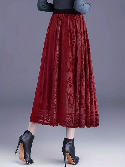 [Elegant Floral Lace Skirt] High-Waist A-Line Midi Skirt - Elegant Floral Lace, 100% Polyester Knit Fabric, Contrast Lace Detail - Women's, Spring/Fall Season
