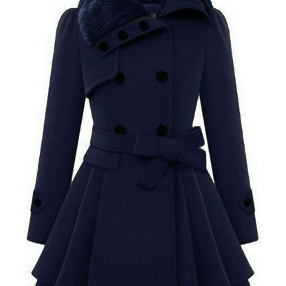 Women's Winter Double-Breasted Pea Coat with Faux Fur