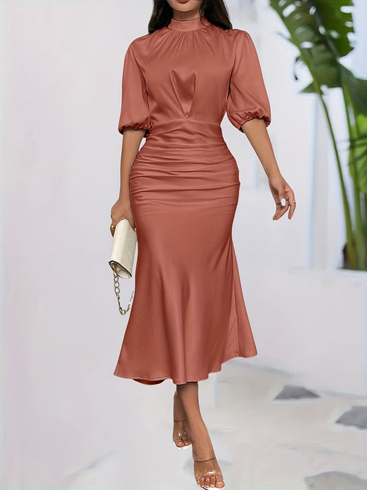 Women's Elegant High-Neck Solid Color Dress - Polyester Fitted Top & Flowy Skirt, All-Season Machine Washable Dress for Casual to Formal Occasions, Cute Dresses, Versatile Clothing, Comfortable Wear, Durable Fabric, Office At