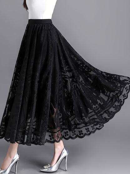 Elegant Women's A-Line Lace Skirt - Long Pleated Design with Intricate Floral Patterns, Lightweight Polyester, Ideal for Spring/Summer/Fall Events, Spring Summer Fashion|Aline Skirt|Polyester Fabric