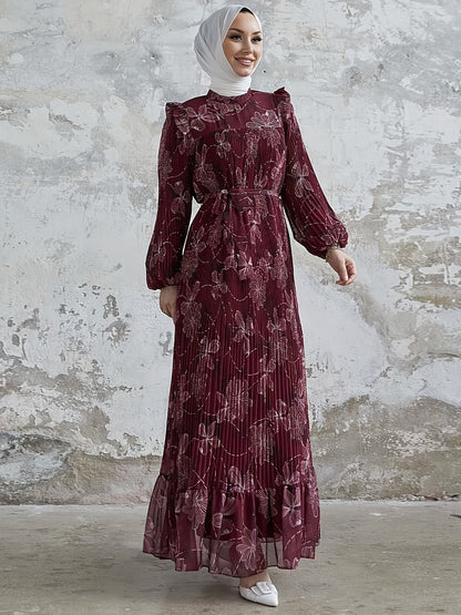 Stunning Floral Print Crew Neck Long Sleeve Abaya Dress - Elegant Ruffle Hem Maxi Length, Belted, Polyester, Machine Washable, Woven, Middle Eastern Style Womens Clothing for All Seasons
