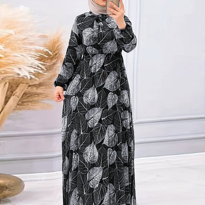 [Modest Wear Muslim Dress] Modest Wear Muslim Dress - Black & White Leaf Print Long Sleeves Polyester Blend - Pleated Waist Design, Machine Washable for All Seasons
