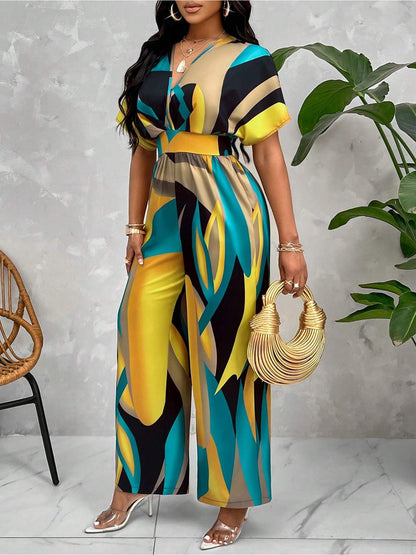 Women's Geometric Print V-Neck Jumpsuit - Short Raglan Sleeves & Smocking Detail, Wide-Leg Long Length, Machine Washable for Spring/Summer/Fall, Resort & Evening Outings, Ladies Rompers And Jumpsuits, Evening Wear, Vneck Styl