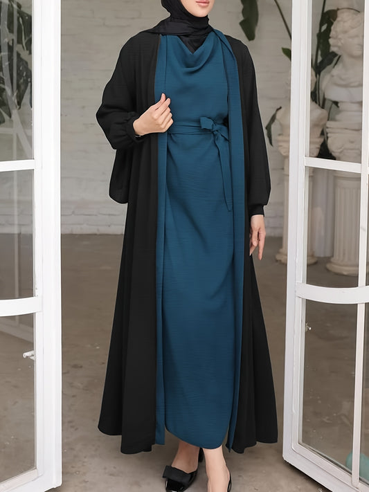 [Polyester Elegant Dress] Elegant Middle Eastern Muslim Style Long Sleeveless Dress with Belt | Polyester Fabric, Solid Color, Casual Fashion, All-Season Wear, Includes Contrast Color Long Jacket, No Headscarf