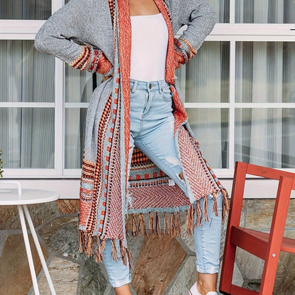 Women Boho Cardigan Sweater Long Open Front Maxi Knit Sweaters Aztec Tribal Tassel Fringe Thin Coat