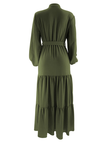 [Light Green Maxi Dress] Casual Light Green Polyester Maxi Dress - Elegant Solid Color with Ruffle Hem & Button Detail, Machine Washable - Hijab Not Included
