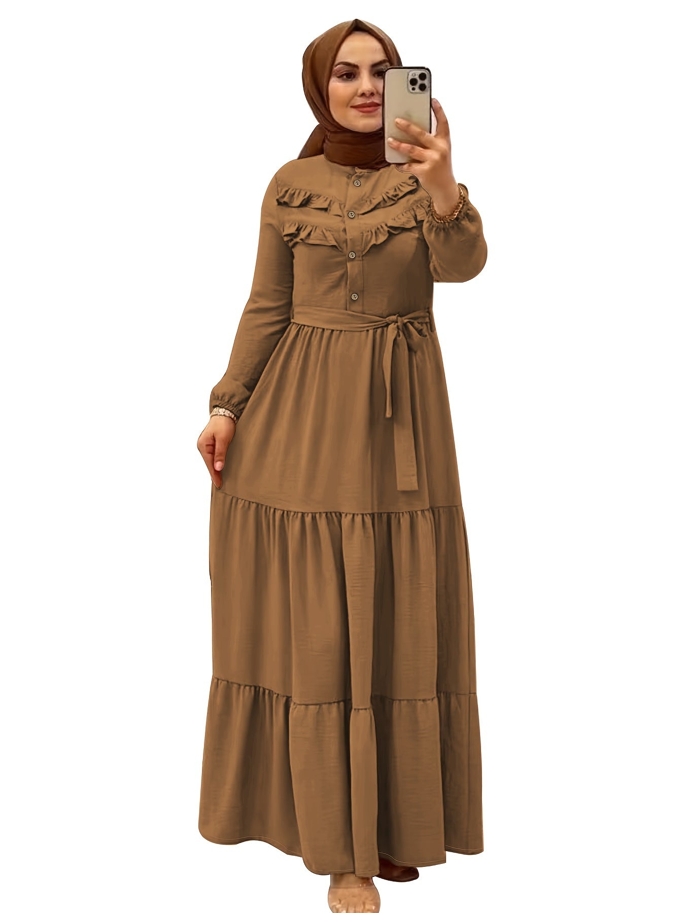 [Light Green Maxi Dress] Casual Light Green Polyester Maxi Dress - Elegant Solid Color with Ruffle Hem & Button Detail, Machine Washable - Hijab Not Included