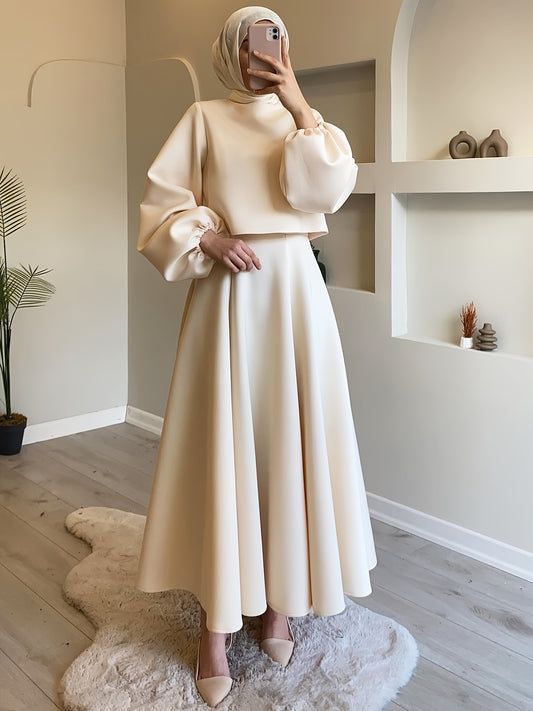 Chic Solid Color Skirt Set - Elegant Crew Neck Lantern Sleeve Top, Flowy Pleated Draped Midi Skirt, Comfortable Women's Clothing for Everyday Wear