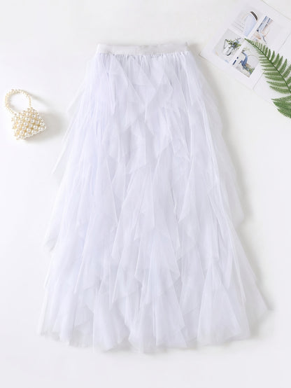 Chic Elegance, Elegant High-Waist A-Line Tulle Skirt for Women - Chic Korean-Style Spring Collection, Sheer Brown Polyester with Delicate Mesh Layers, Perfect for Summer Skirt
