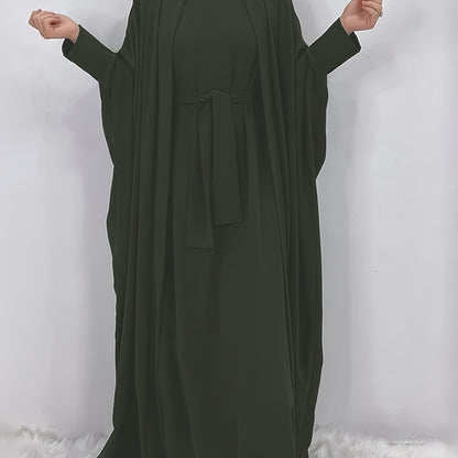 Women's Middle Eastern Muslim Solid Color Dress + Robe Jacket Two Piece Set