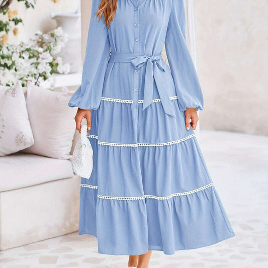 Women'S Spring Casual Dress Loose Drawstring Lantern Sleeve Long Sleeve Tier Dress With Pockets