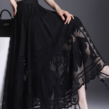 Elegant Women's A-Line Lace Skirt - Long Pleated Design with Intricate Floral Patterns, Lightweight Polyester, Ideal for Spring/Summer/Fall Events, Spring Summer Fashion|Aline Skirt|Polyester Fabric