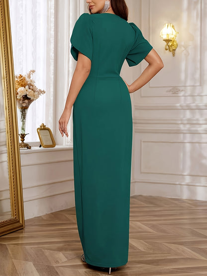 [Green V-Neck Dress] Sleeveless Solid Green Polyester Elegant V-Neck Maxi Dress | Ruched Waist & Pleated Details, Split Thigh, Perfect for Weddings, Parties & Formal Events