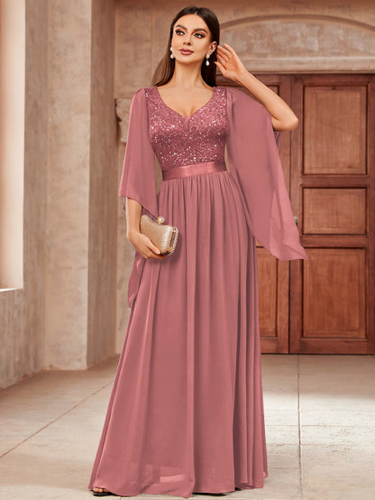 Deep V-Neck Lace Gown – Fit & Flare Sequin Dress