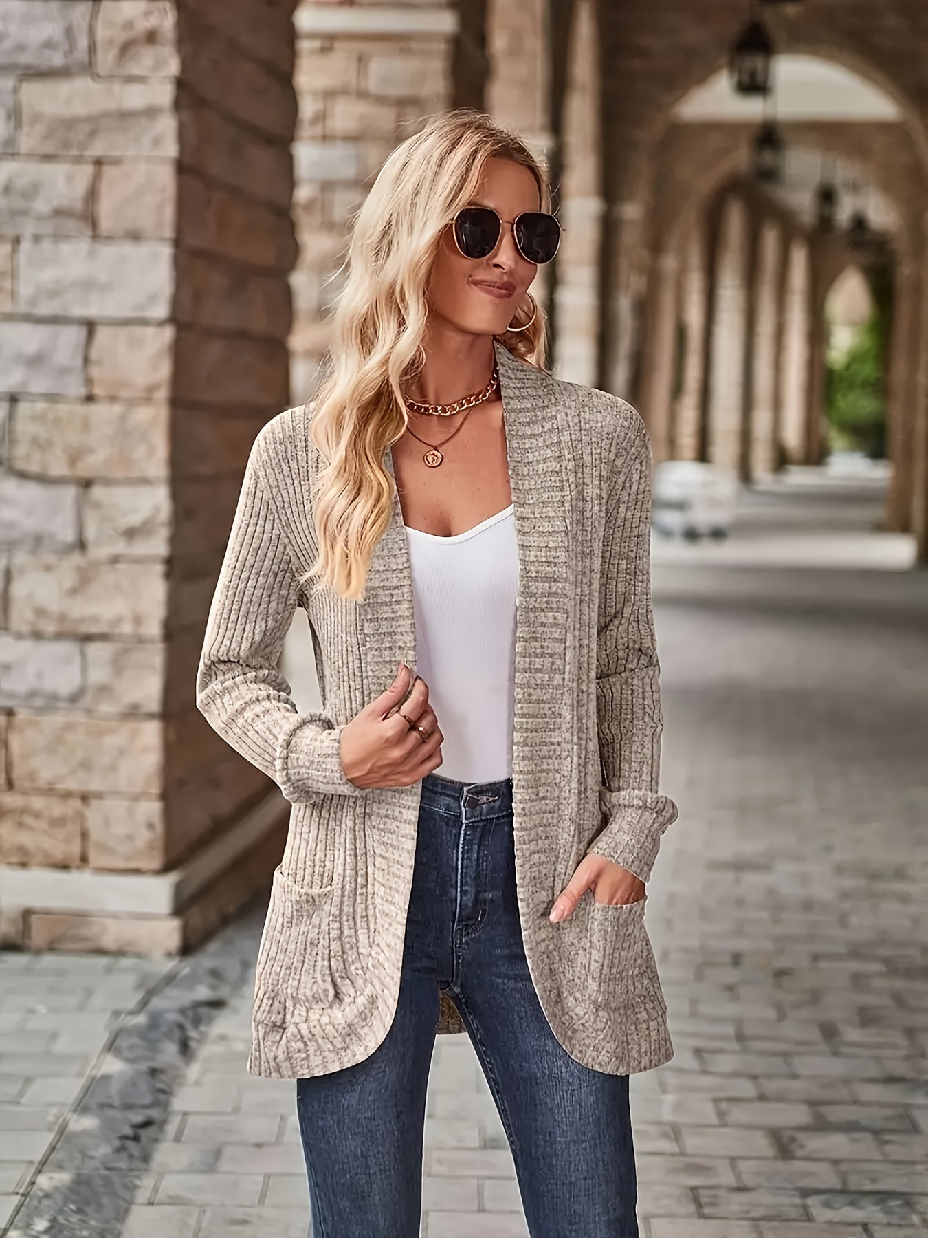 [Elegant Women's Blouse] Elegant & Chic Women's Loose Fit Long Sleeve Blouse | Open Collar Casual Top with Side Pockets, Machine Washable, Mustard-Yellow, Non-Transparent, All-Season, Medium Elasticity, Versatile, Quality Sti