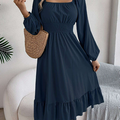 Ruffle Hem Lantern Sleeve A-line Dress, Elegant Solid Color Square Neck Backless Shirred Dress, Women's Clothing