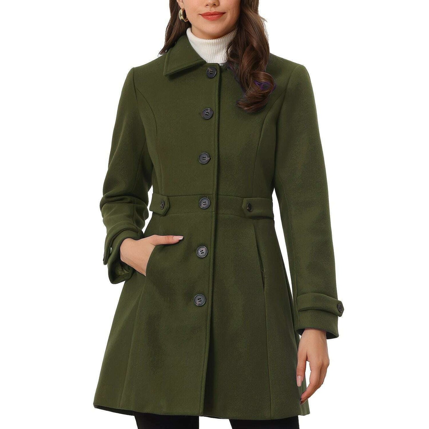 Allegra K Midi Pea Coat with Lapel Collar and Hidden Pockets