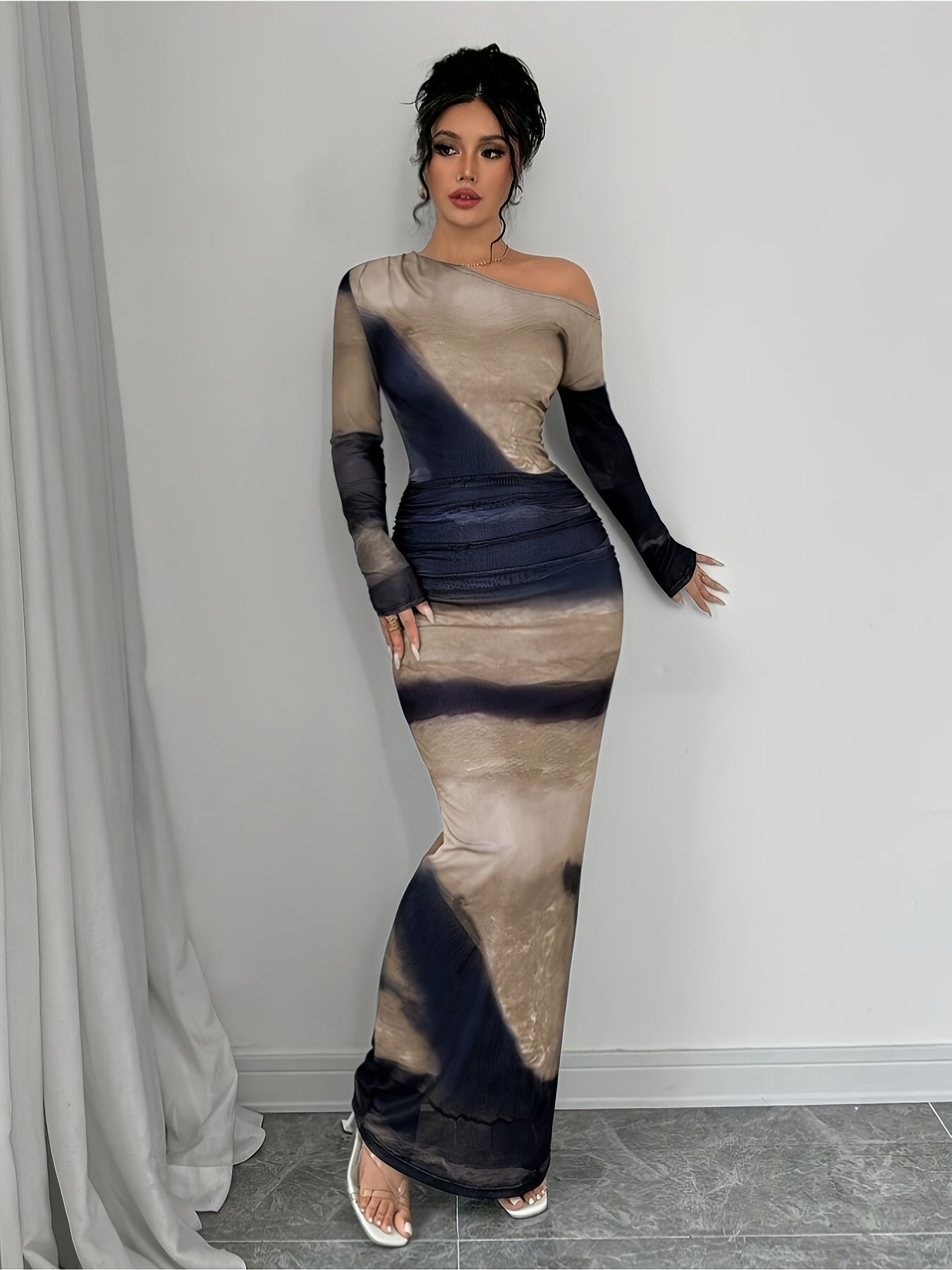 [Elegant Maxi Dress] Elegant Off-Shoulder Maxi Dress | Long Sleeve, Bodycon Fit, Tie Waist, Beige and Navy Blue - Perfect for Spring, Summer, and Fall, Casual to Formal Occasions