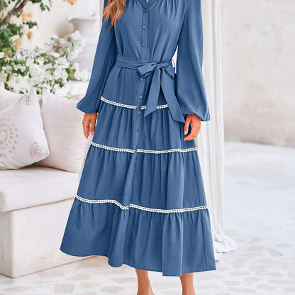 Women'S Spring Casual Dress Loose Drawstring Lantern Sleeve Long Sleeve Tier Dress With Pockets