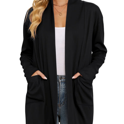 Spring & Autumn Women's Casual Solid Color Cardigan – Open Placket with Double Pocket Design