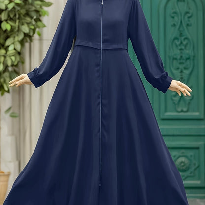 Elegant Zippered Long Robe 8033-1 for Women, 100% Polyester Solid Color, All-Season Long-Length Dress with Zipper Detail, Woven Fabric, 130g/m² Weight