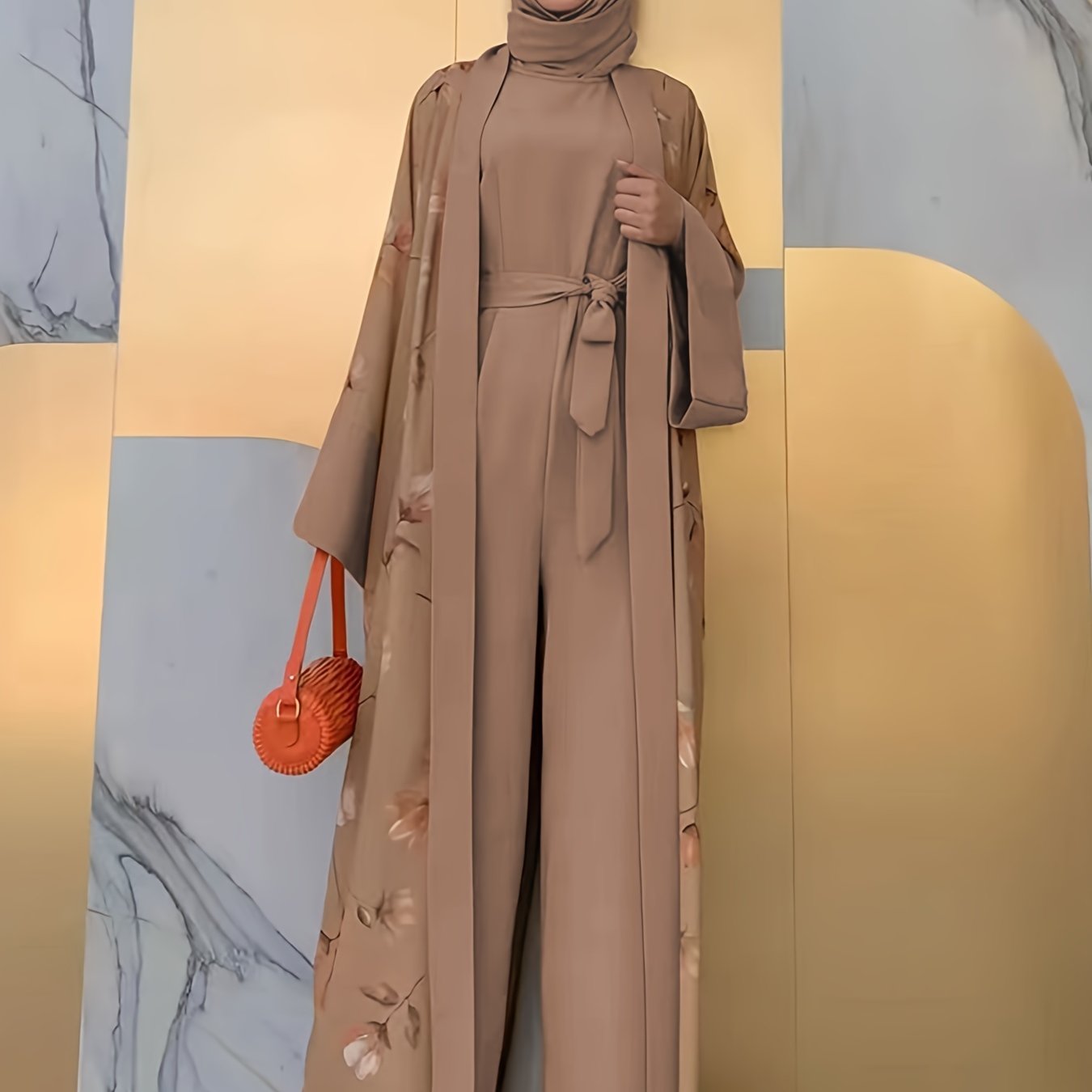 Middle Eastern Muslim Print Jumpsuit Two-Piece Set for Women Without Headscarf