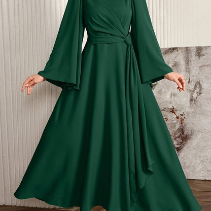 [Muslin Ramadan Dress] Ramadan Women's Evening Dress, Muslin Arabic Gown with Long Flared Sleeves, Stand Collar, Side Embellishments