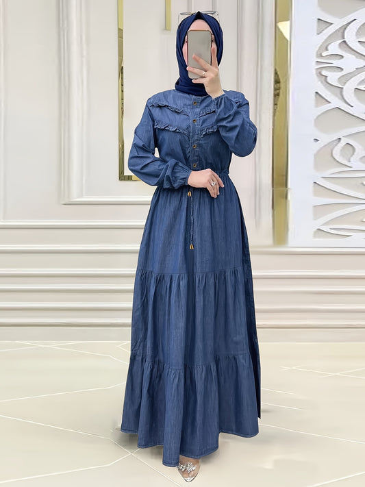 Ramadan Button Front Modest Dress, Elegant Long Sleeve Loose Maxi Dress, Women's Clothing