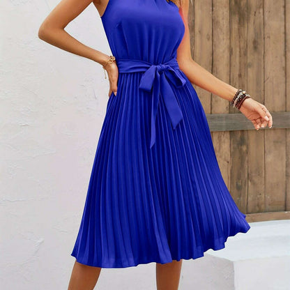Women's Sleeveless Halter Pleated A-Line Summer Dress - D&M Boutique