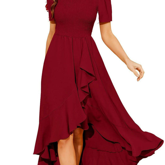 Ruffle Hem Crew Neck Solid Dress with Ruffle Sleeves - D&M Boutique