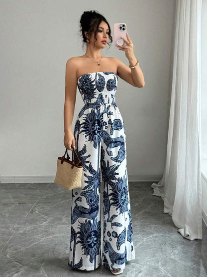 [Silklike Jumpsuit] Women's Lightweight Silklike Sleeveless Off-Shoulder Smocking Jumpsuit | Geometric Digital Print Wide-Leg Beachwear, Machine Washable Non-Stretch Fabric for Vacation & Casual Outings, Summer Outfit, Smooth