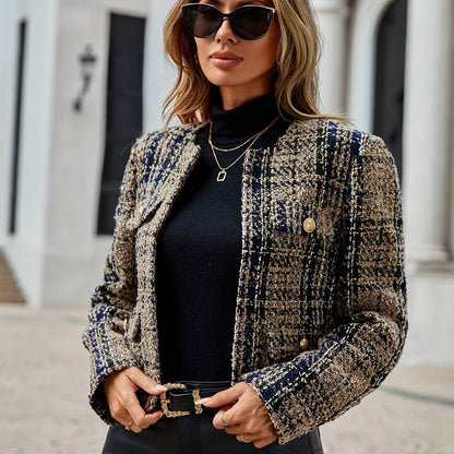 D6348 Plaid Flap Pocket Short Jacket