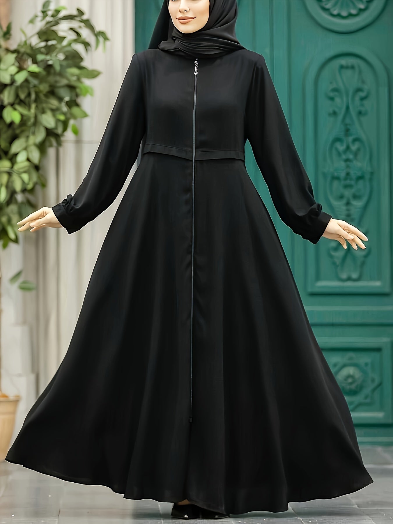 Elegant Zippered Long Robe 8033-1 for Women, 100% Polyester Solid Color, All-Season Long-Length Dress with Zipper Detail, Woven Fabric, 130g/m² Weight
